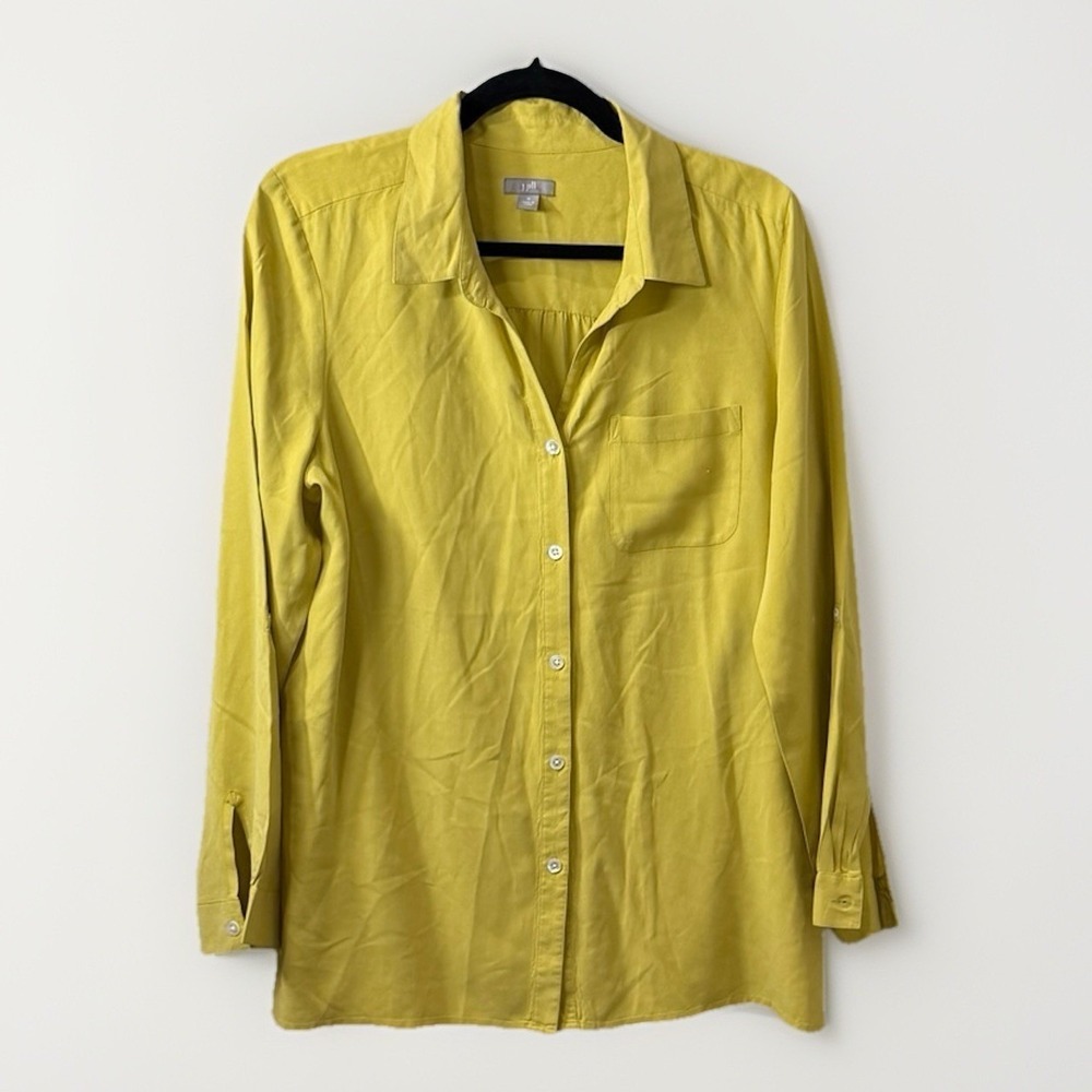 J Jill 100% Silk Button Down Top Golden Yellow Minimalist Quiet Luxury Office M